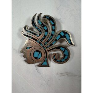 Vintage 925 Mexico Sterling Turquoise Inlay Aztec Face Pendant 23g